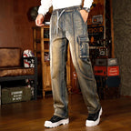 Mens Loose Fit Hip Hop Jeans Casual Cargo Denim Pants with Multi Pockets