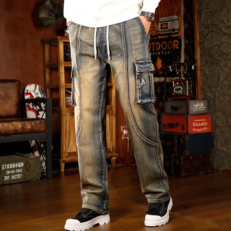 Mens Loose Fit Hip Hop Jeans Casual Cargo Denim Pants with Multi Pockets