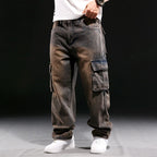 Men's Casual Baggy Cargo Workwear Jeans Loose Fit Straight Leg Hip Hop Denim Pants#3908