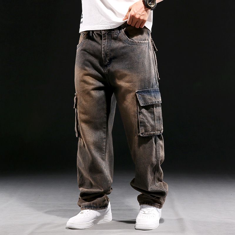 Men's Casual Baggy Cargo Workwear Jeans Loose Fit Straight Leg Hip Hop Denim Pants#3908