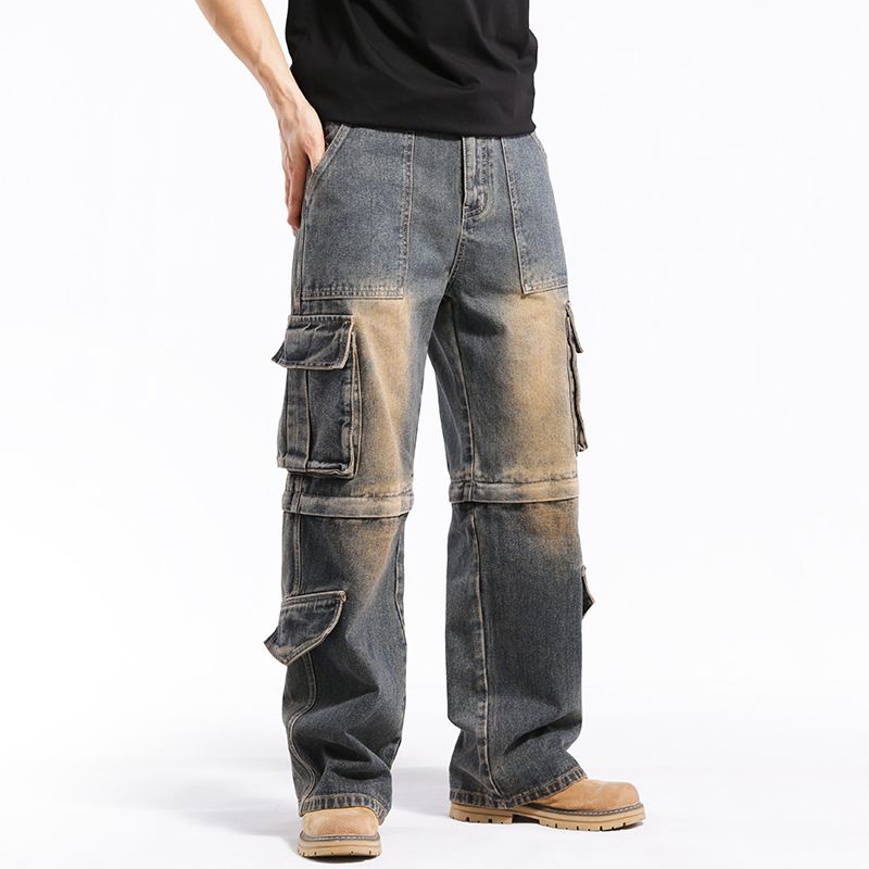 Men's hip pop cargo Denim Pants Casual Straight Leg Loose Fit Detachable Jeans#3918