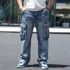 Idopy Men`s Loose Fit Motorcycle Multi-Pockets Workwear Denim Cargo Jeans Plus Size#3808