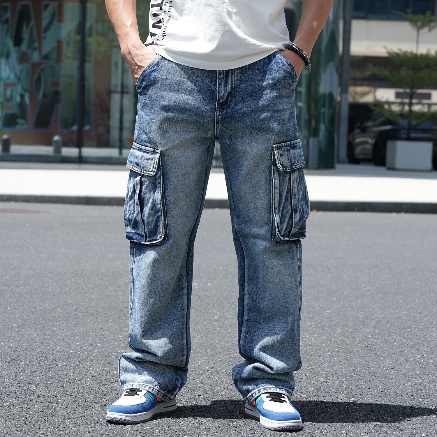 Idopy Men`s Loose Fit Motorcycle Multi-Pockets Workwear Denim Cargo Jeans Plus Size#3808
