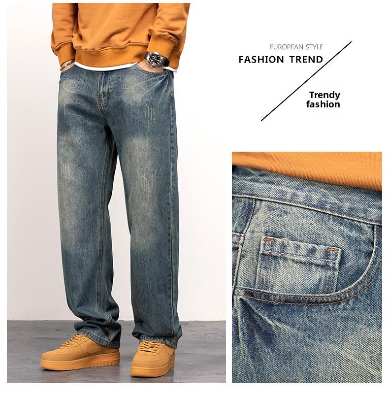 Men's Vintage Straight Jeans Loose Fit Wide Leg Casual Denim Pants High Waisted Elegant Trousers