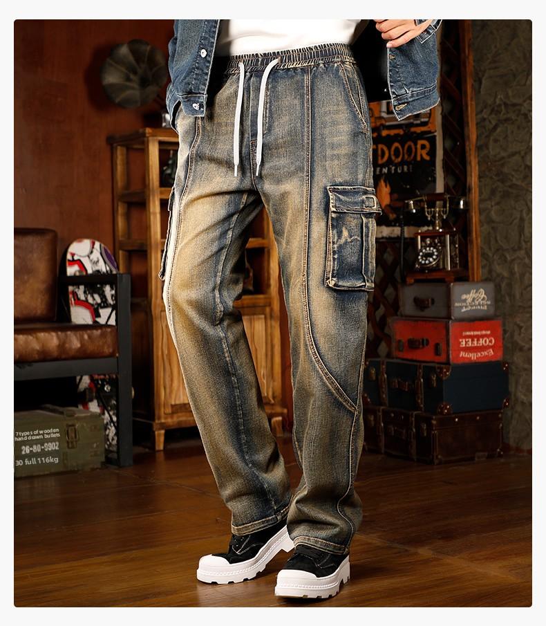 Mens Loose Fit Hip Hop Jeans Casual Cargo Denim Pants with Multi Pockets