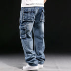 Men's Casual Baggy Cargo Workwear Jeans Loose Fit Straight Leg Hip Hop Denim Pants#3908