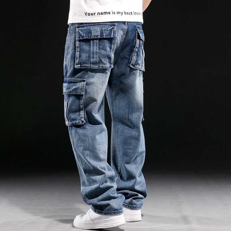 Men's Casual Baggy Cargo Workwear Jeans Loose Fit Straight Leg Hip Hop Denim Pants#3908
