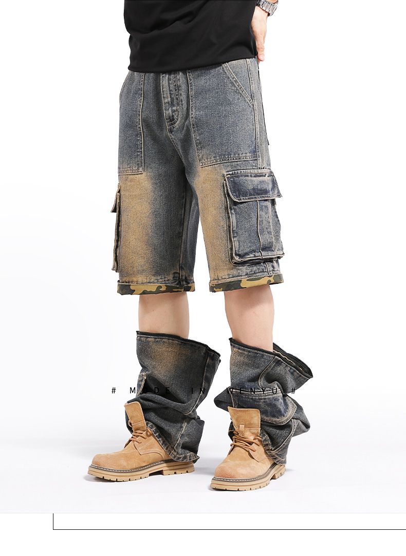 Men's hip pop cargo Denim Pants Casual Straight Leg Loose Fit Detachable Jeans#3918
