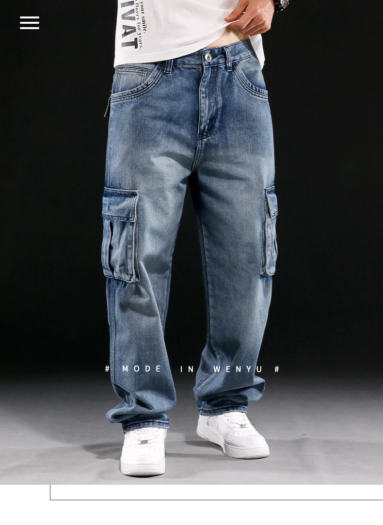Men's Casual Baggy Cargo Workwear Jeans Loose Fit Straight Leg Hip Hop Denim Pants#3908