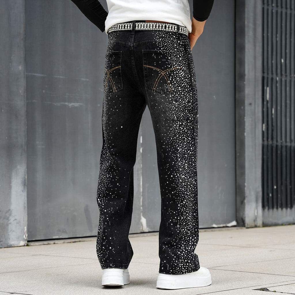 Men’s Loose Rhinestone Denim Pants | Crystal Detail Wide-Leg Look