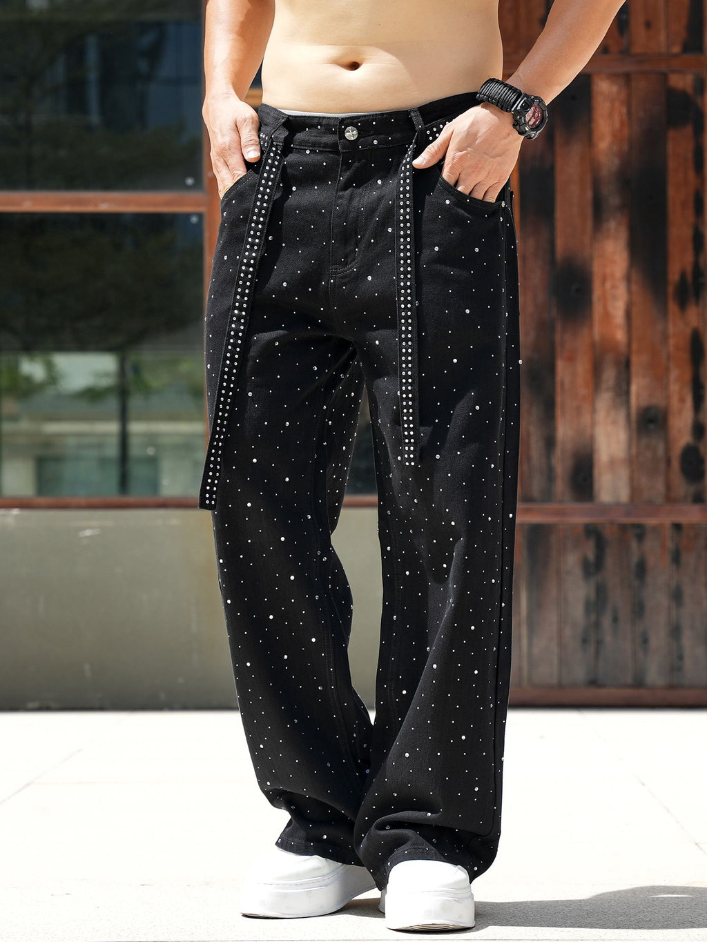 Men Baggy Rhinestone Jeans Vintage Sparkly Jeans Wide Leg Denim Pants#1691-2
