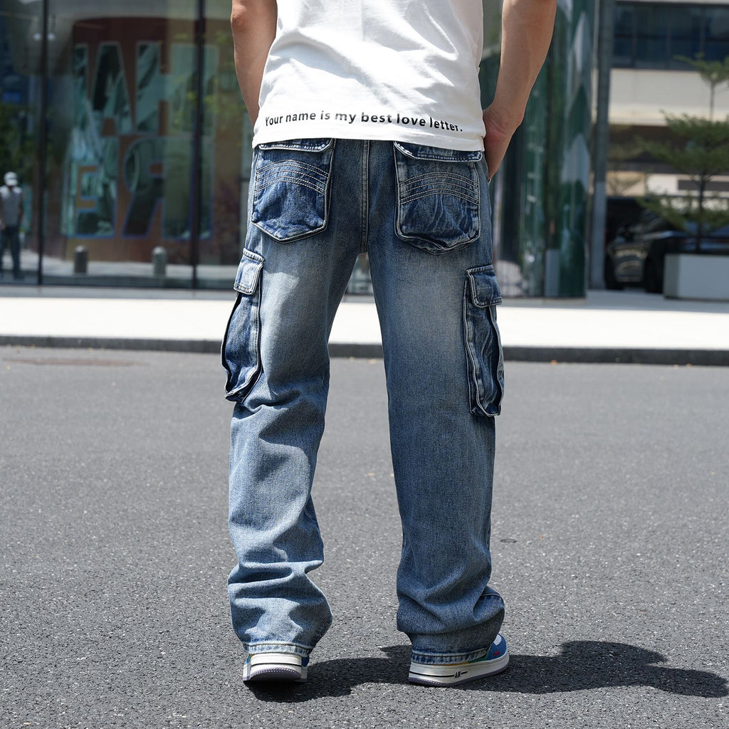 Idopy Men`s Loose Fit Motorcycle Multi-Pockets Workwear Denim Cargo Jeans Plus Size#3808