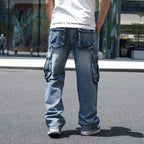 Idopy Men`s Loose Fit Motorcycle Multi-Pockets Workwear Denim Cargo Jeans Plus Size#3808