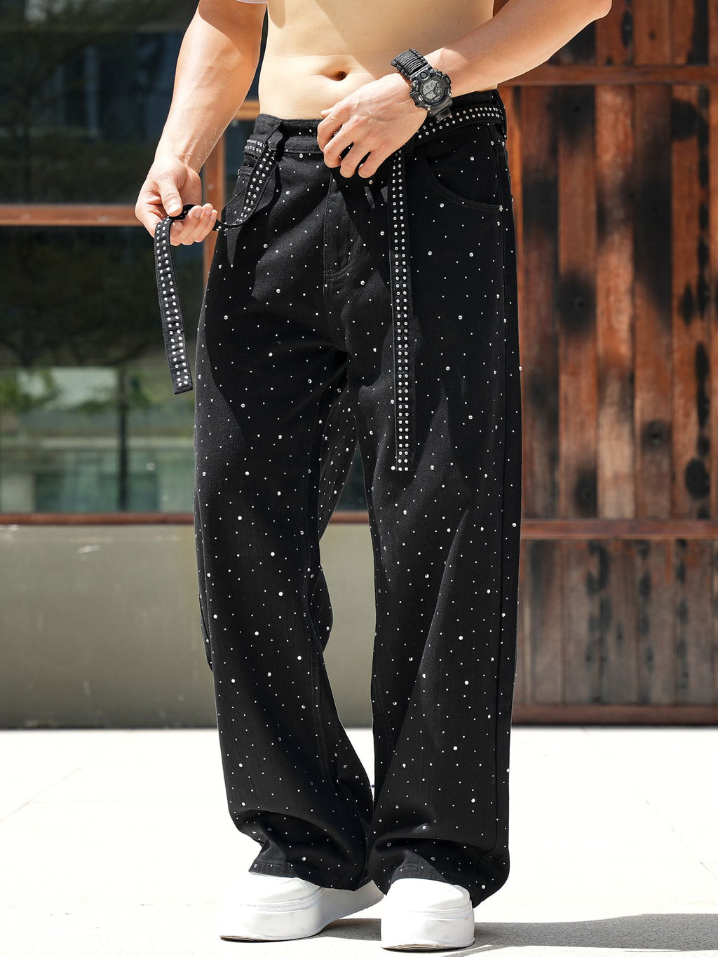Men Baggy Rhinestone Jeans Vintage Sparkly Jeans Wide Leg Denim Pants#1691-2