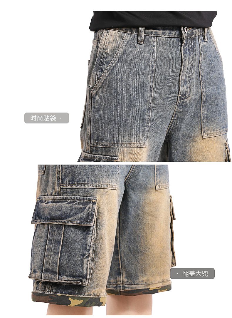 Men's hip pop cargo Denim Pants Casual Straight Leg Loose Fit Detachable Jeans#3918