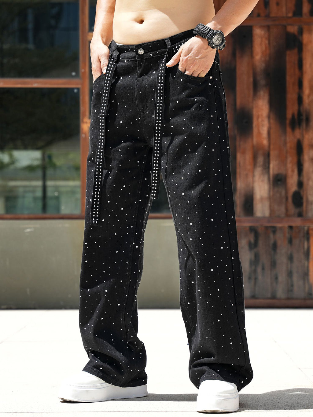 Men Baggy Rhinestone Jeans Vintage Sparkly Jeans Wide Leg Denim Pants#1691-2