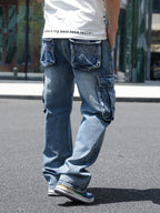 Idopy Men`s Loose Fit Motorcycle Multi-Pockets Workwear Denim Cargo Jeans Plus Size#3808