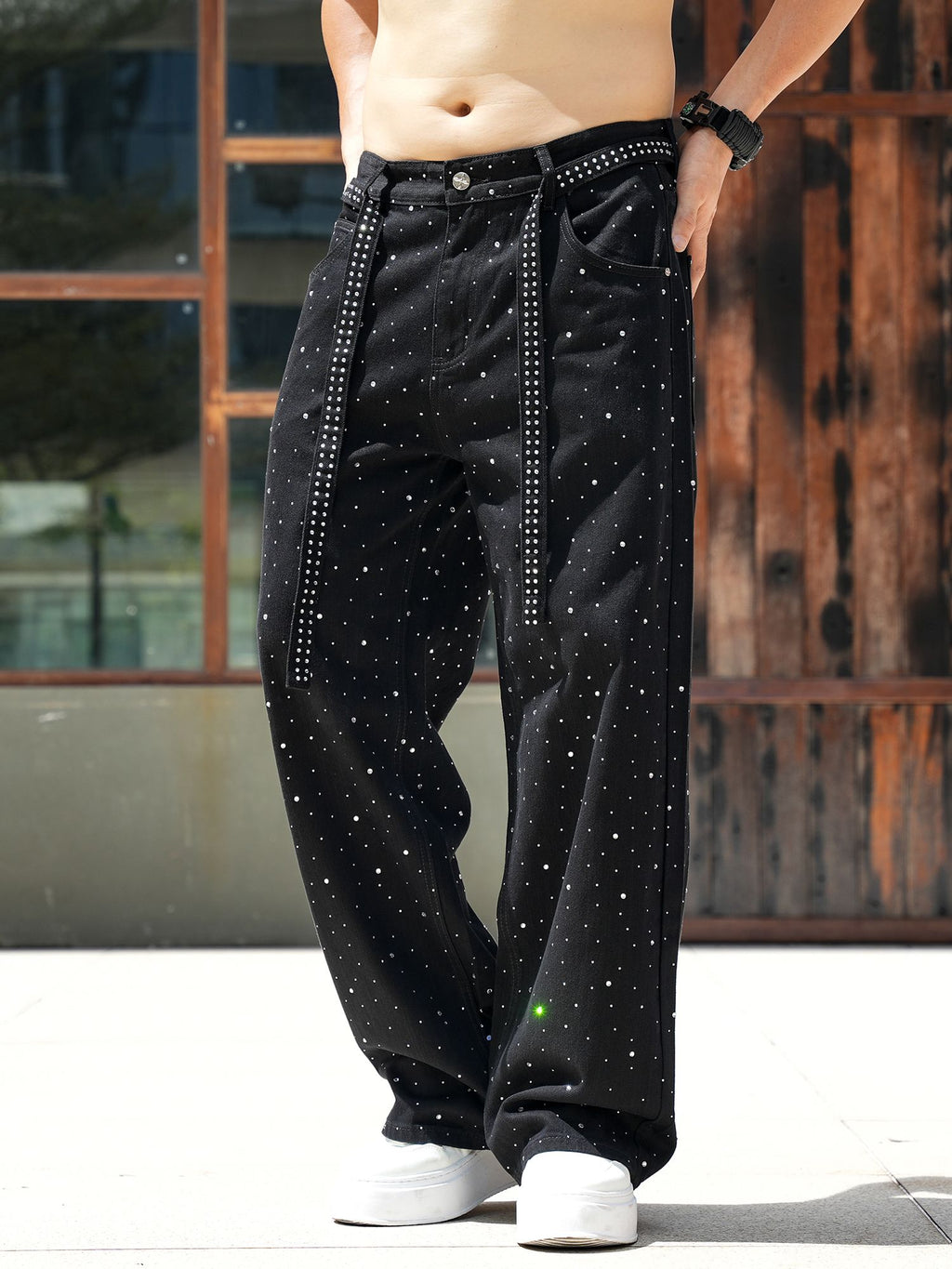 Men Baggy Rhinestone Jeans Vintage Sparkly Jeans Wide Leg Denim Pants#1691-2