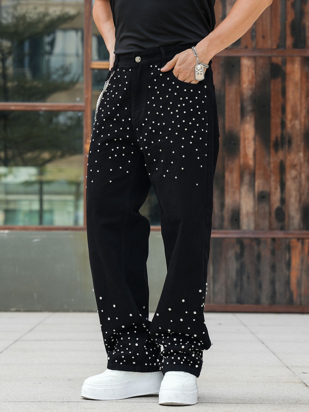 Semshedy Men's Baggy Jeans Mid Rise Straight Leg Black Jean Hiphop Streetwear Trendy Loose Fit Trouse#1691-2