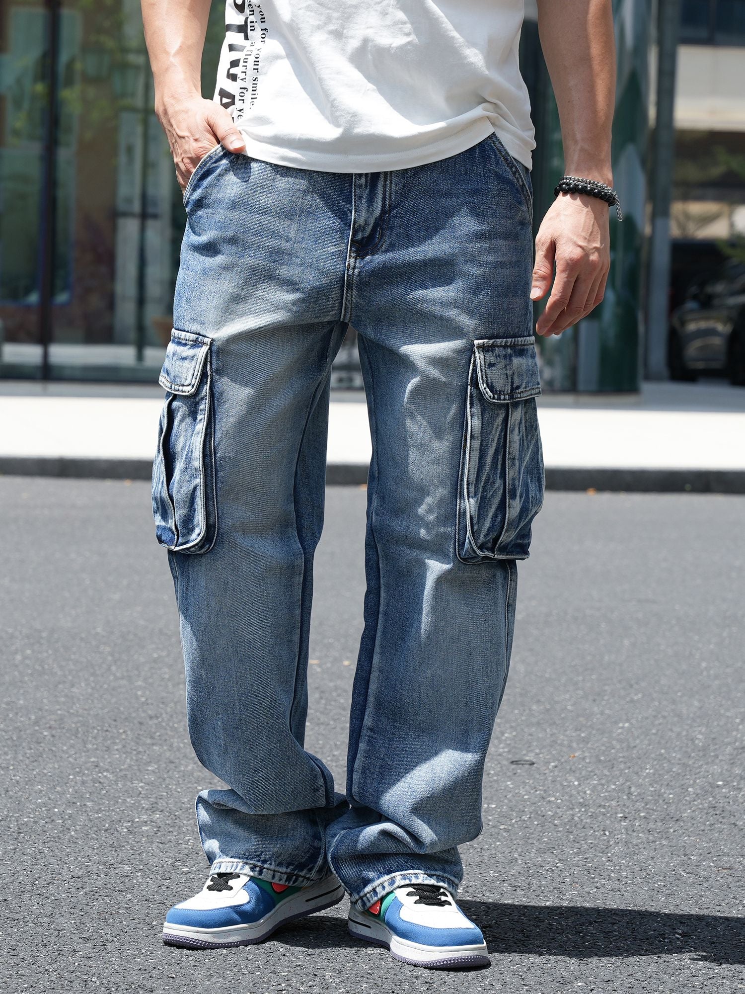 Idopy Men`s Loose Fit Motorcycle Multi-Pockets Workwear Denim Cargo Jeans Plus Size#3808