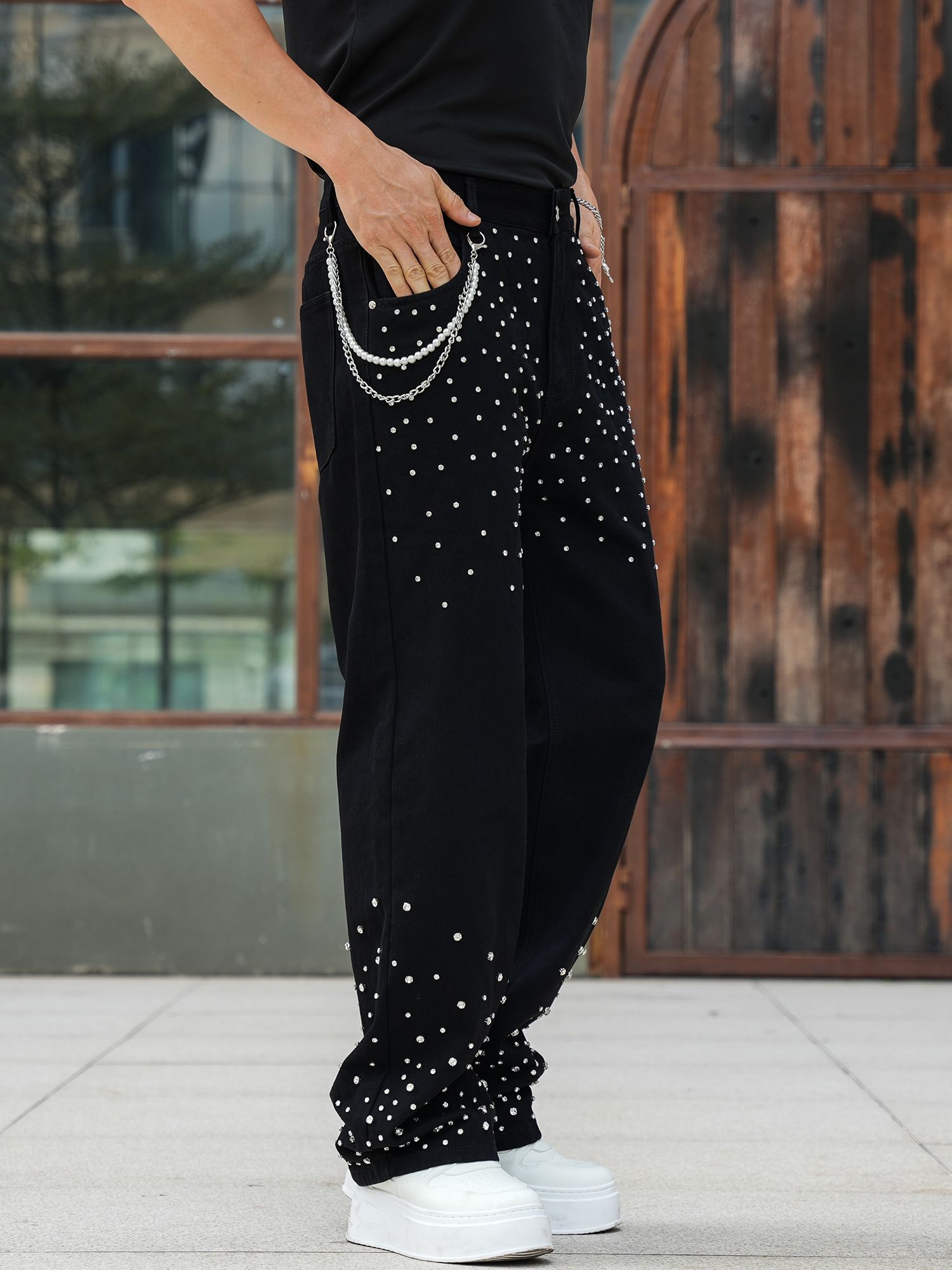 Semshedy Men's Baggy Jeans Mid Rise Straight Leg Black Jean Hiphop Streetwear Trendy Loose Fit Trouse#1691-2