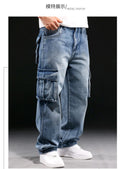 Men's Casual Baggy Cargo Workwear Jeans Loose Fit Straight Leg Hip Hop Denim Pants#3908