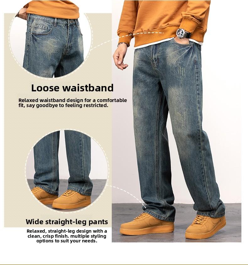 Men's Vintage Straight Jeans Loose Fit Wide Leg Casual Denim Pants High Waisted Elegant Trousers