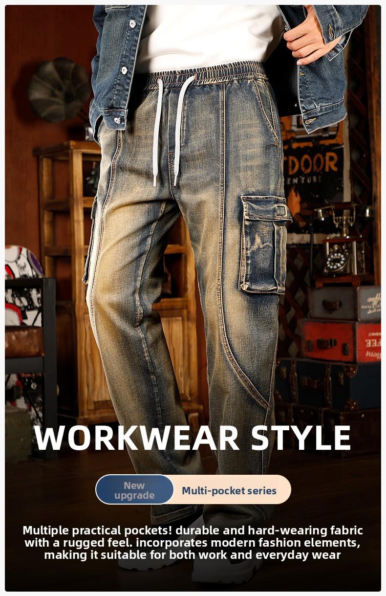 Mens Loose Fit Hip Hop Jeans Casual Cargo Denim Pants with Multi Pockets