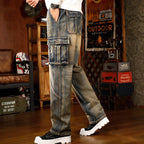 Mens Loose Fit Hip Hop Jeans Casual Cargo Denim Pants with Multi Pockets