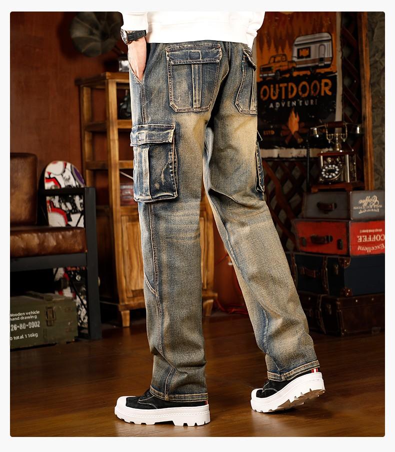 Mens Loose Fit Hip Hop Jeans Casual Cargo Denim Pants with Multi Pockets