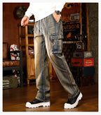 Mens Loose Fit Hip Hop Jeans Casual Cargo Denim Pants with Multi Pockets