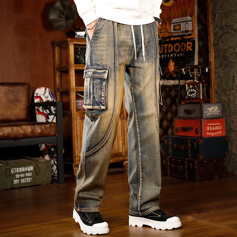 Mens Loose Fit Hip Hop Jeans Casual Cargo Denim Pants with Multi Pockets