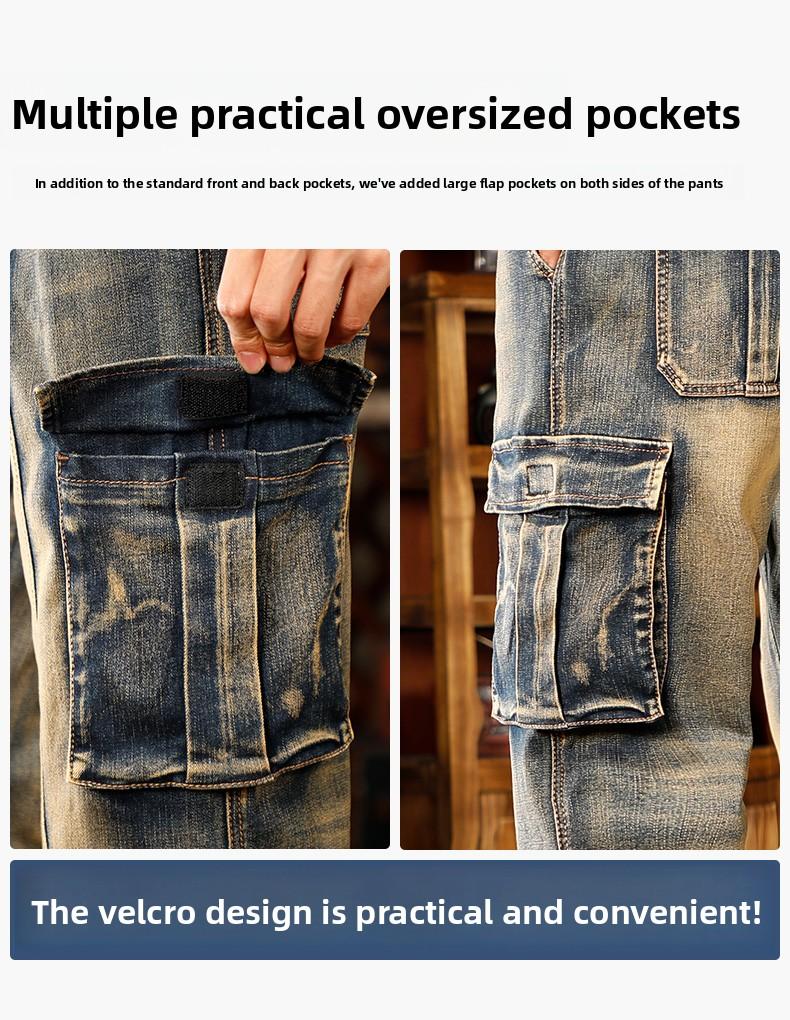 Mens Loose Fit Hip Hop Jeans Casual Cargo Denim Pants with Multi Pockets